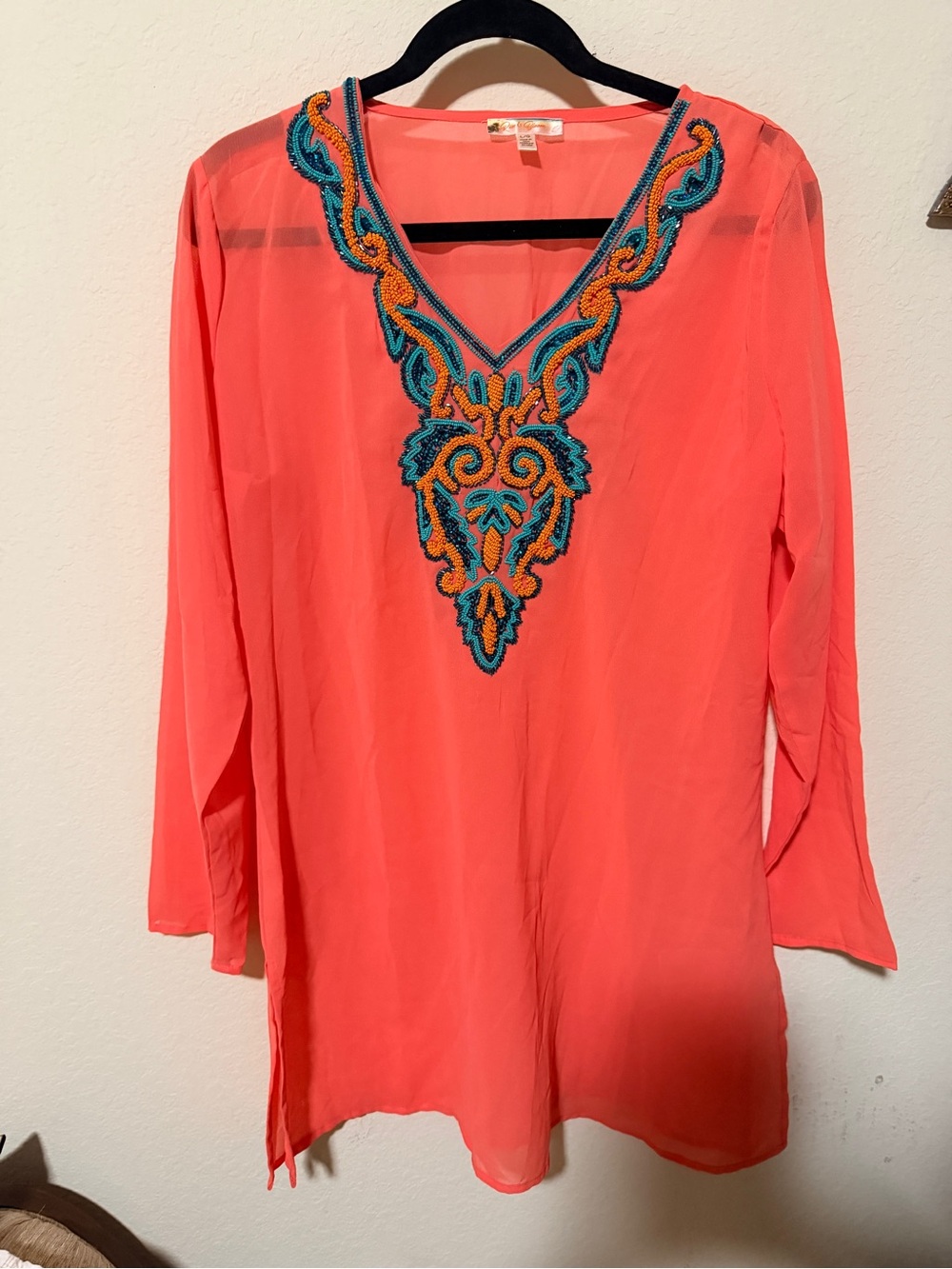 Women's Coral Embroidered V-Neck Tunic Top